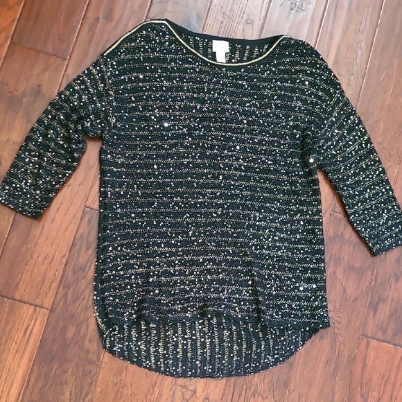 Chico's Black & Gold Striped Sweater with Sequins size 2 (Large) - Picture 1 of 9